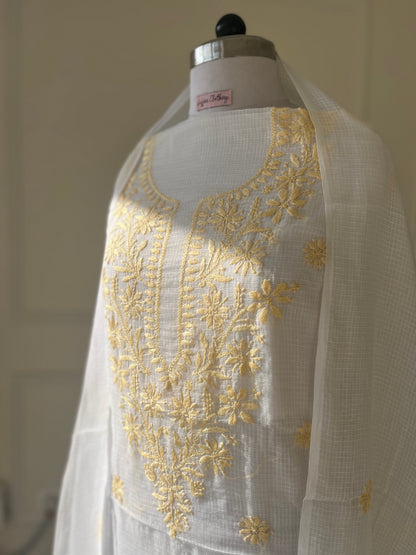 Unstitched Chikankari Suit Material – kota doriya with Hand-embroidered chikankari ghaspatti stitch in Pastel yellow white – Lajjaa.
