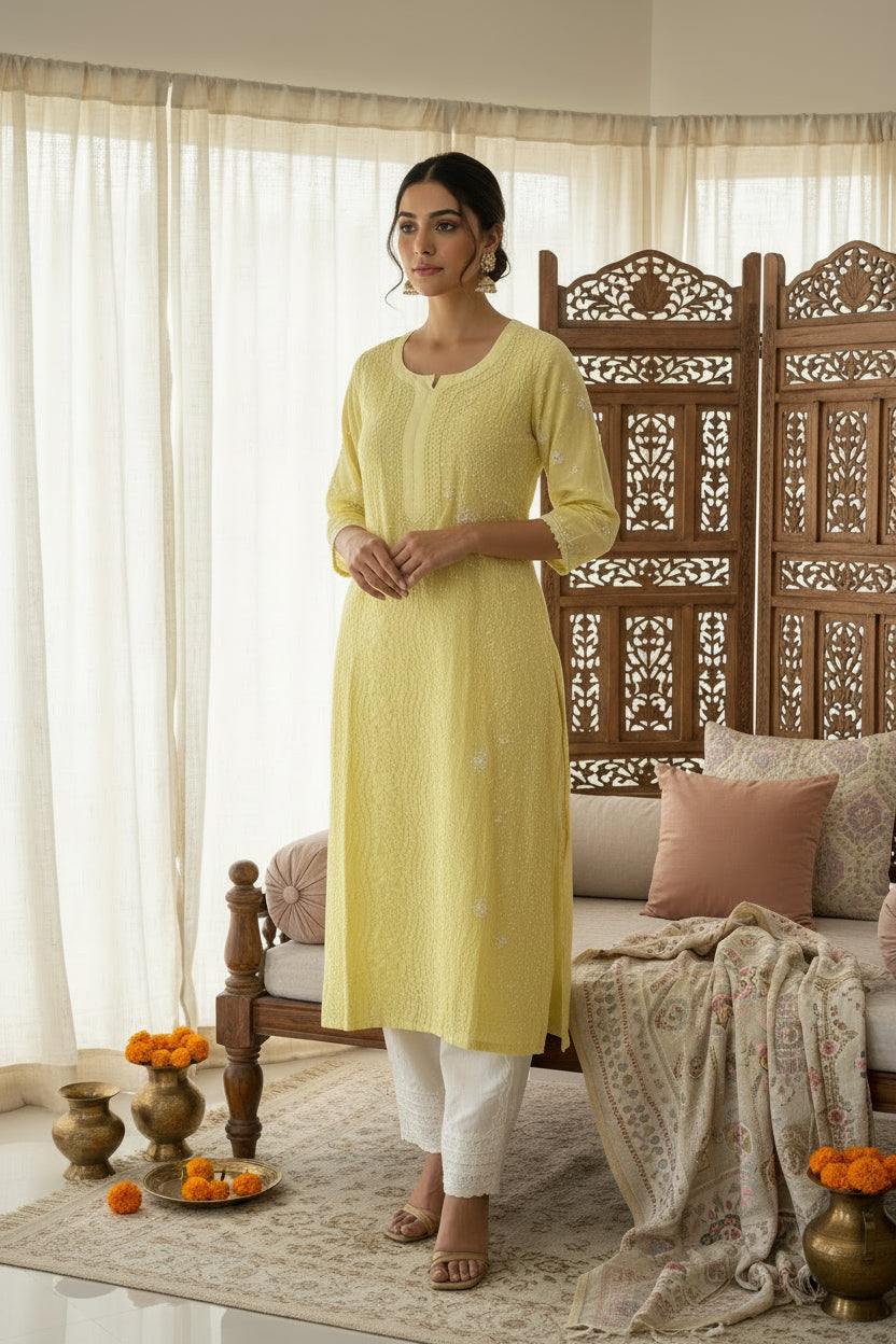 Yellow Kota Doriya Chikankari Kurta