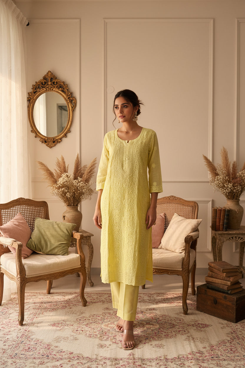 yellow kota doriya chikankari kurta 