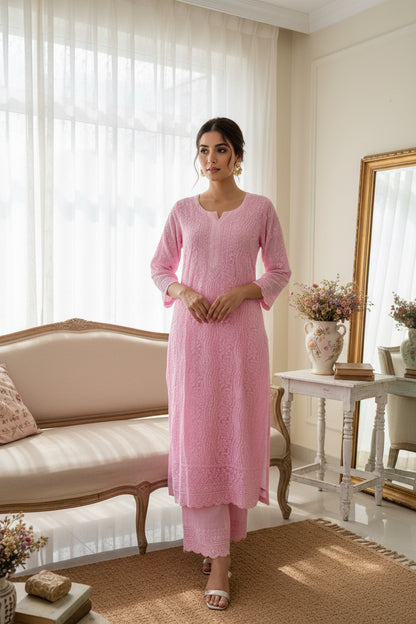 Pink Kota Doriya Chikankari Kurta