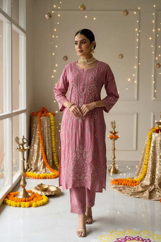 Onion Pink Gottapatti Chikankari Kurta Pant Set