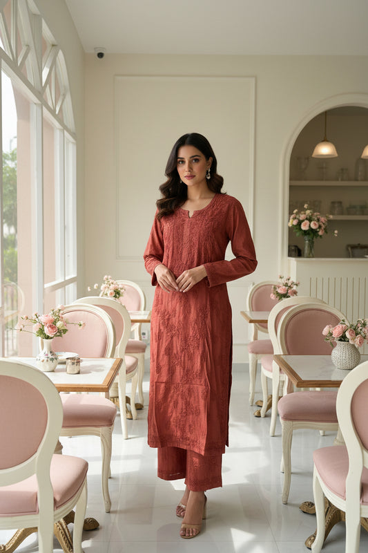 Brown Chikankari Chanderi Kurta Pant