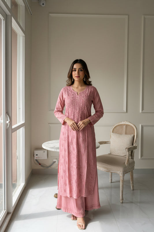 Powder Pink Chikankari Chanderi Kurta Pant