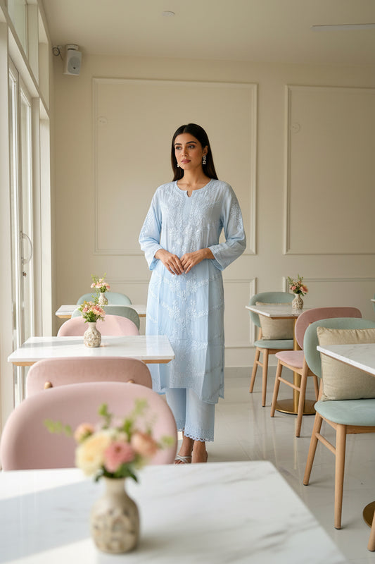 Blue Crepe Chikankari Kurta Pant