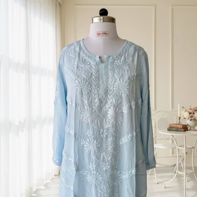 Blue Crepe Chikankari Kurta Pant