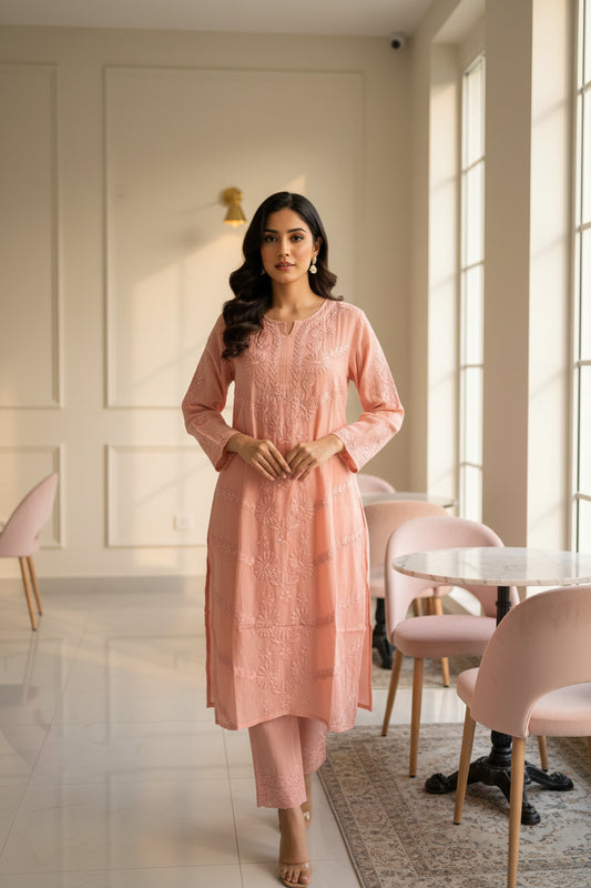 Powder Pink Crepe Chikankari Kurta Pant