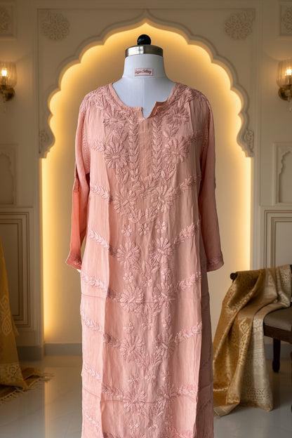 Hand-embroidered Chikankari  crepe Stitched Kurta Set in Soft pink for women – Lajjaa.
