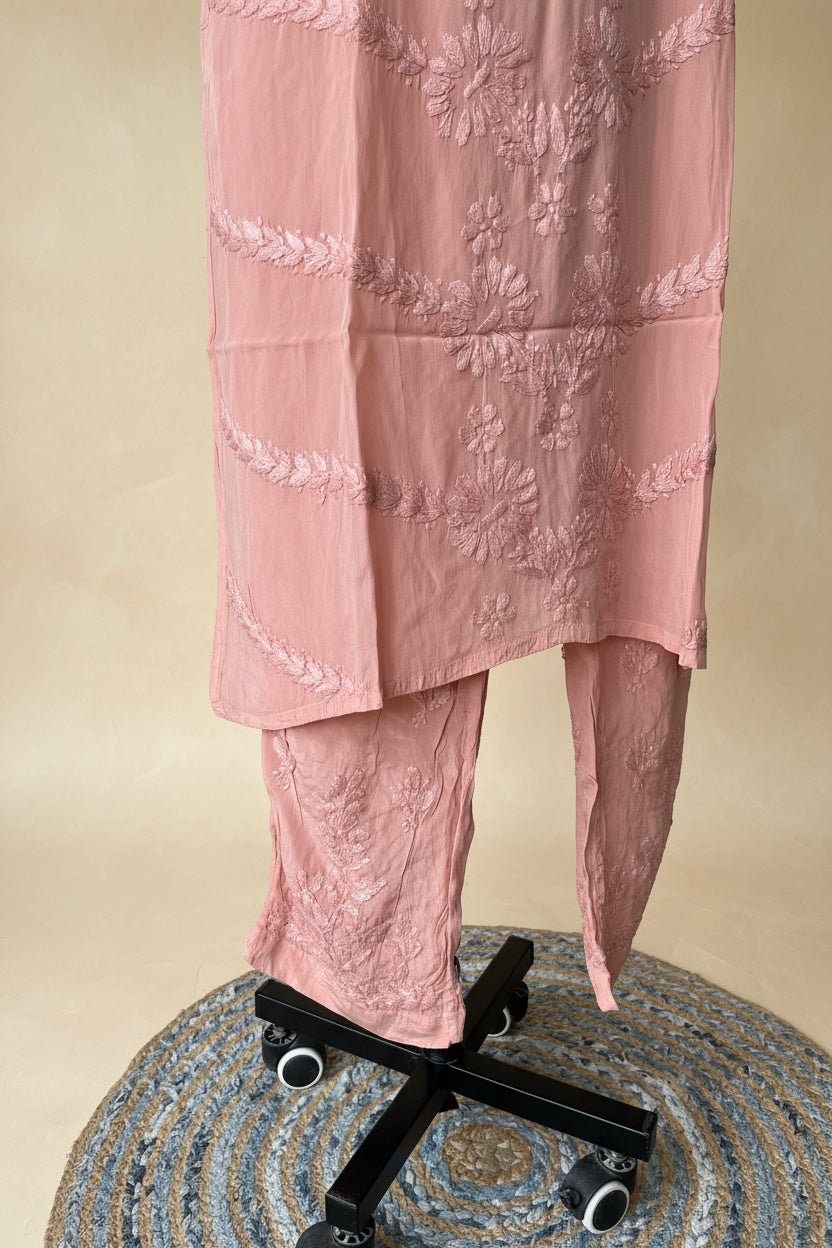 Hand-embroidered Chikankari  crepe Stitched Kurta Set in Soft pink for women – Lajjaa.
