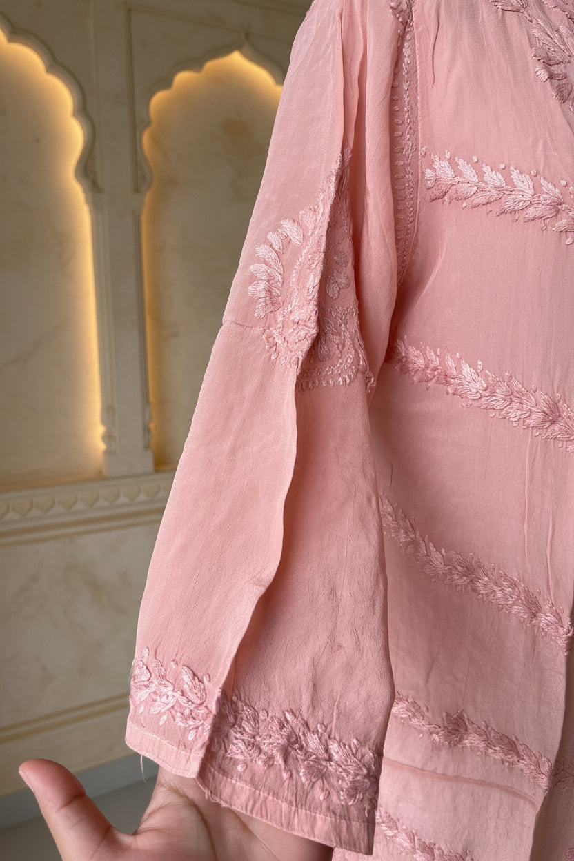 Hand-embroidered Chikankari  crepe Stitched Kurta Set in Soft pink for women – Lajjaa.