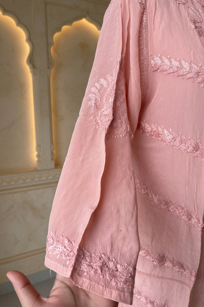 Hand-embroidered Chikankari  crepe Stitched Kurta Set in Soft pink for women – Lajjaa.
