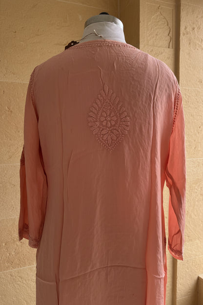 Hand-embroidered Chikankari  crepe Stitched Kurta Set in Soft pink for women – Lajjaa.