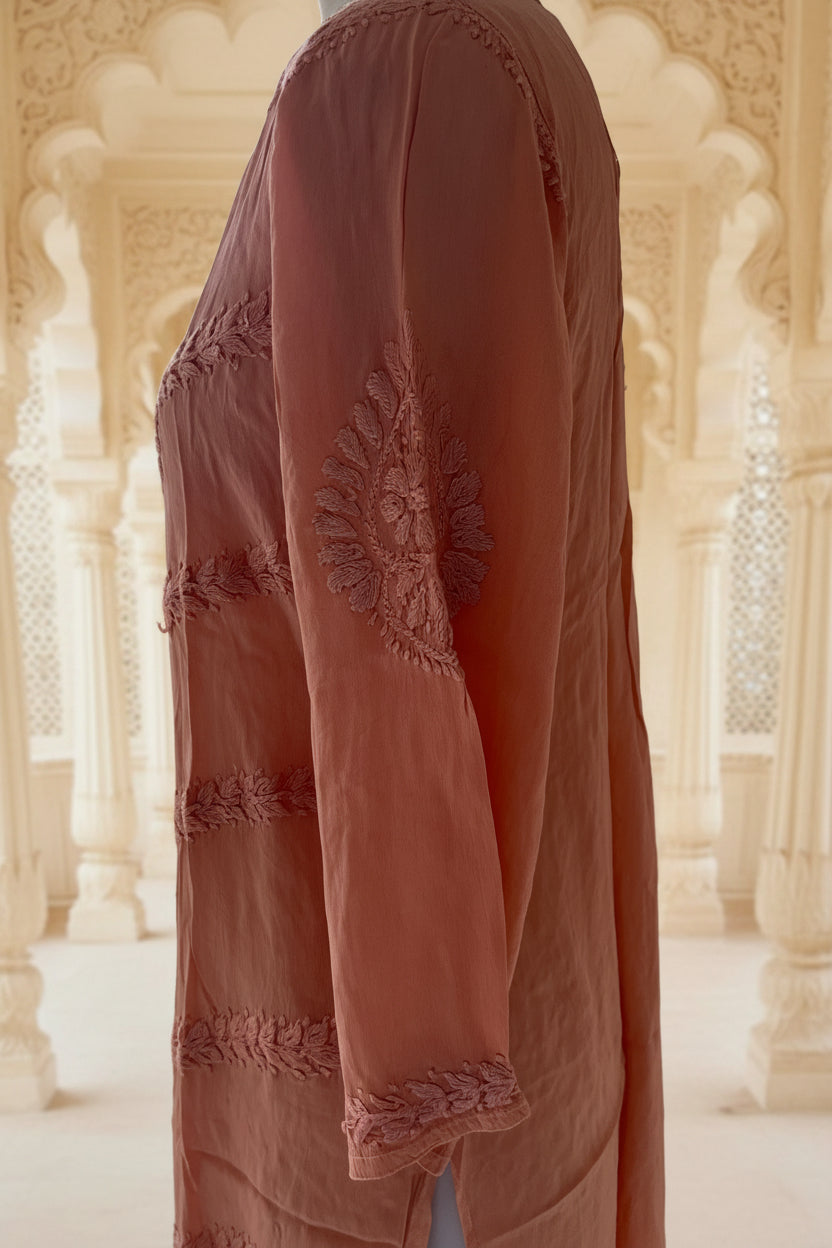 Hand-embroidered Chikankari  crepe Stitched Kurta Set in Soft pink for women – Lajjaa.
