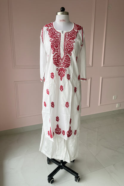 White Red Cotton Chikankari Kurta