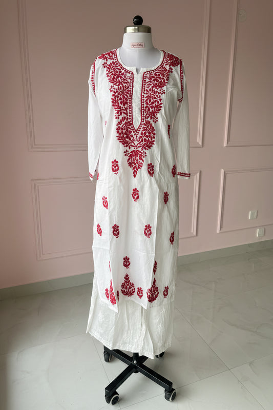 White Red Cotton Chikankari Kurta