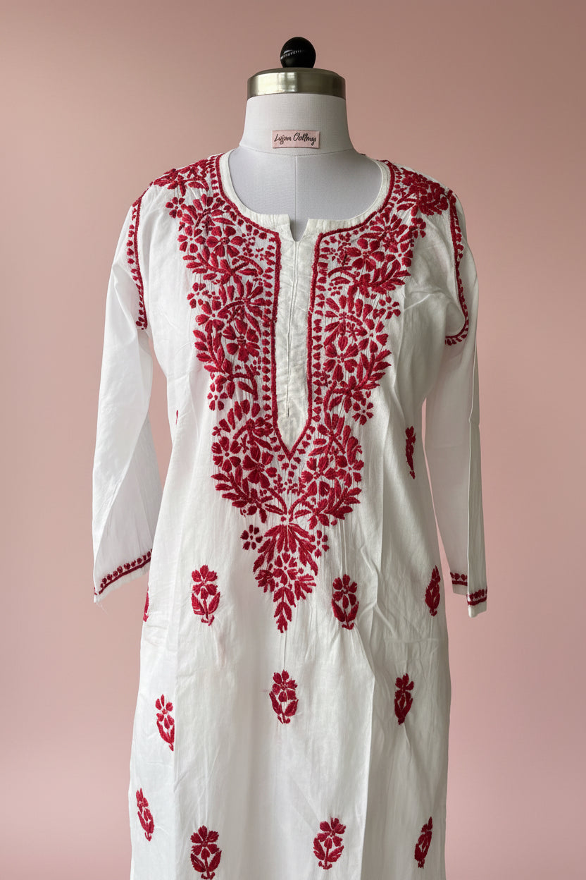 White Red Cotton Chikankari Kurta