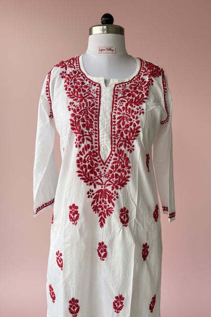 White Red Cotton Chikankari Kurta