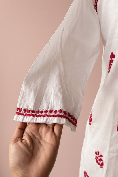 White Red Cotton Chikankari Kurta