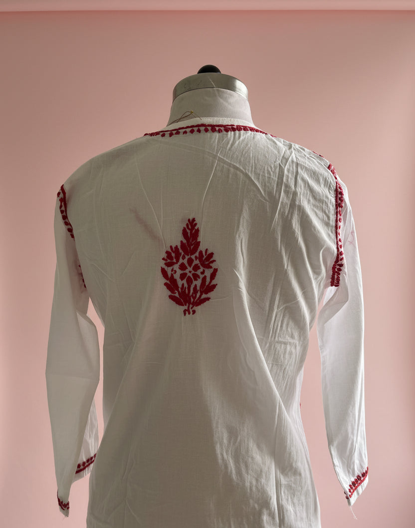 White Red Cotton Chikankari Kurta