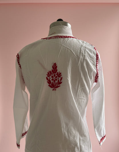White Red Cotton Chikankari Kurta
