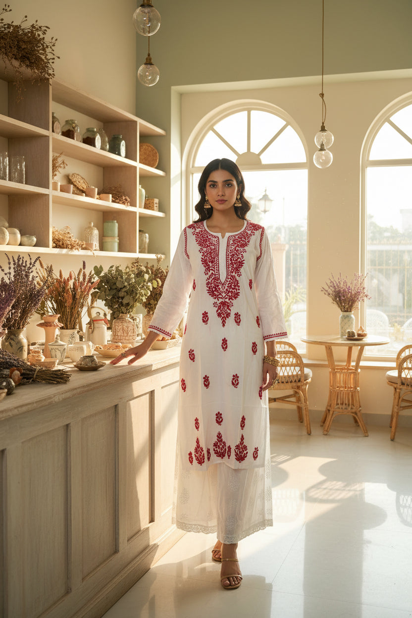 White cotton kurta with red floral chikankari embroidery 
