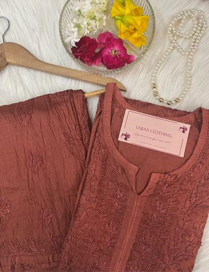 Brown Chikankari Chanderi Kurta Pant