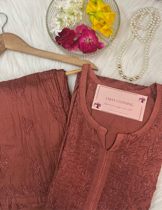 Brown Chikankari Chanderi Kurta Pant