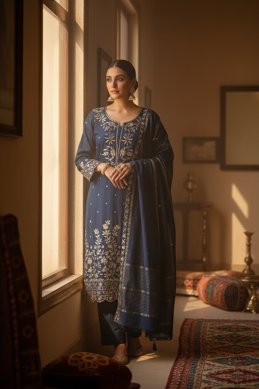 Navy Blue Badla Chikankari Suit Set