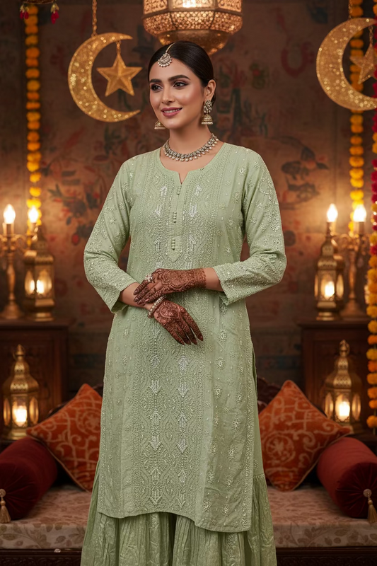 Pista Green Muslin Chikankari Gharara