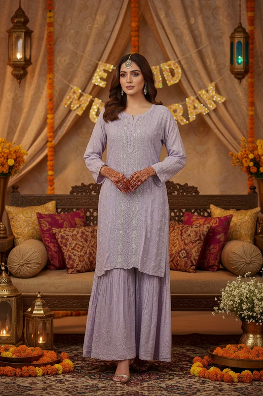 Lavender Muslin Chikankari Gharara