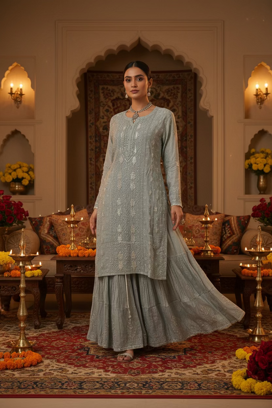 Grey Muslin Chikankari Gharara