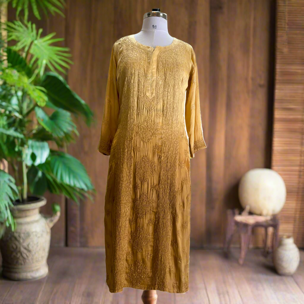Brown Ombre Modal Satin Chikankari Kurta