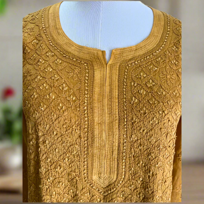 Golden Modal Satin Chikankari Kurta