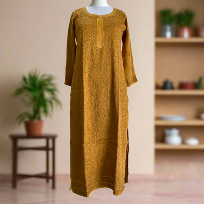 Golden Modal Satin Chikankari Kurta