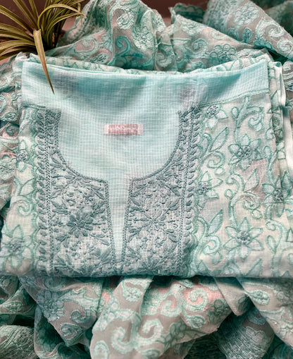 Cyan Chikankari Kota Appliqué Work Suit Set