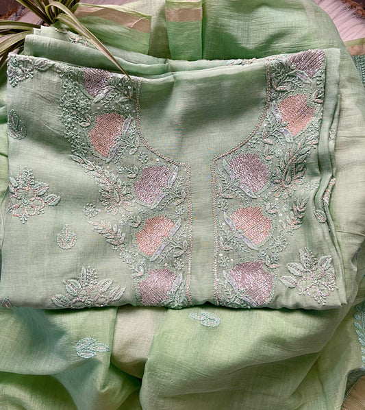 Green Mul Chanderi Chikankari Suit Set