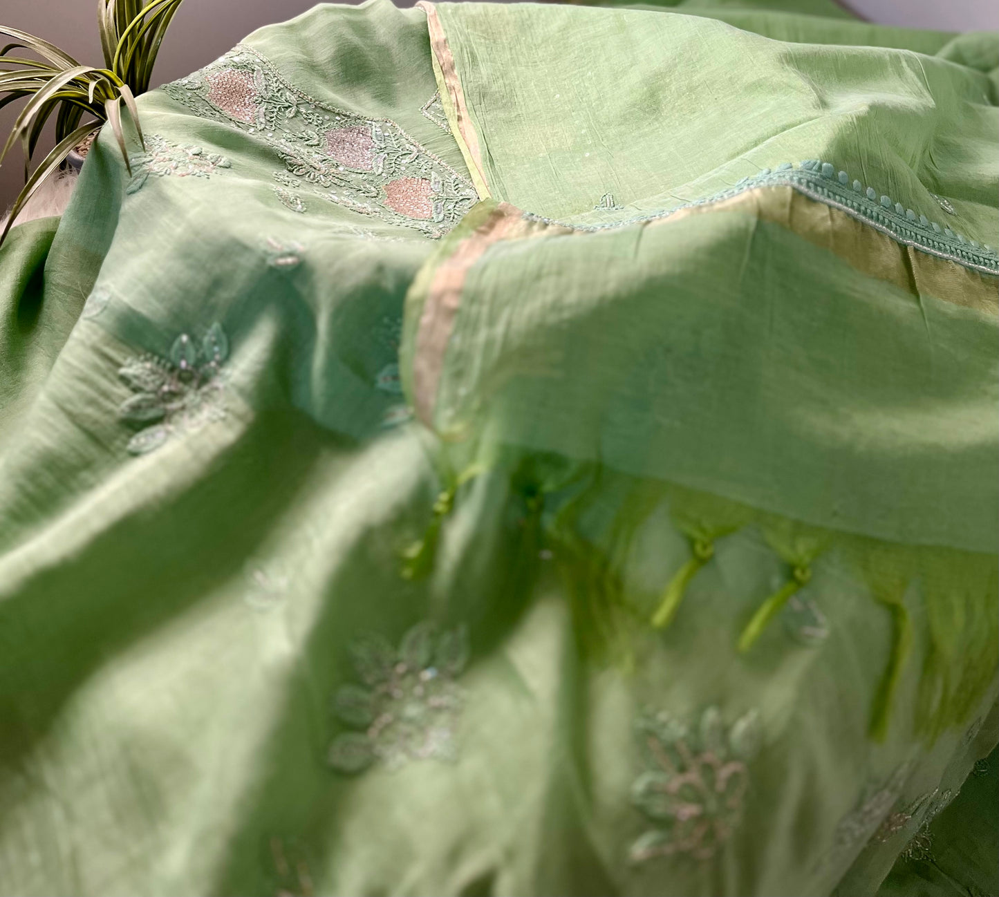 Green Mul Chanderi Chikankari Suit Set