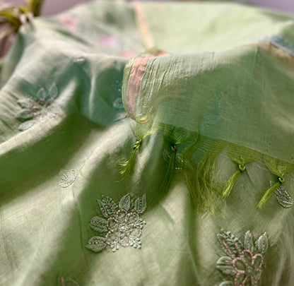 Green Mul Chanderi Chikankari Suit Set