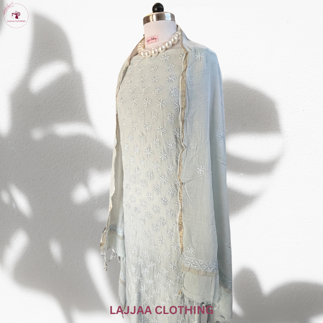 Ice Blue Mul Cotton Chikankari Suit Set