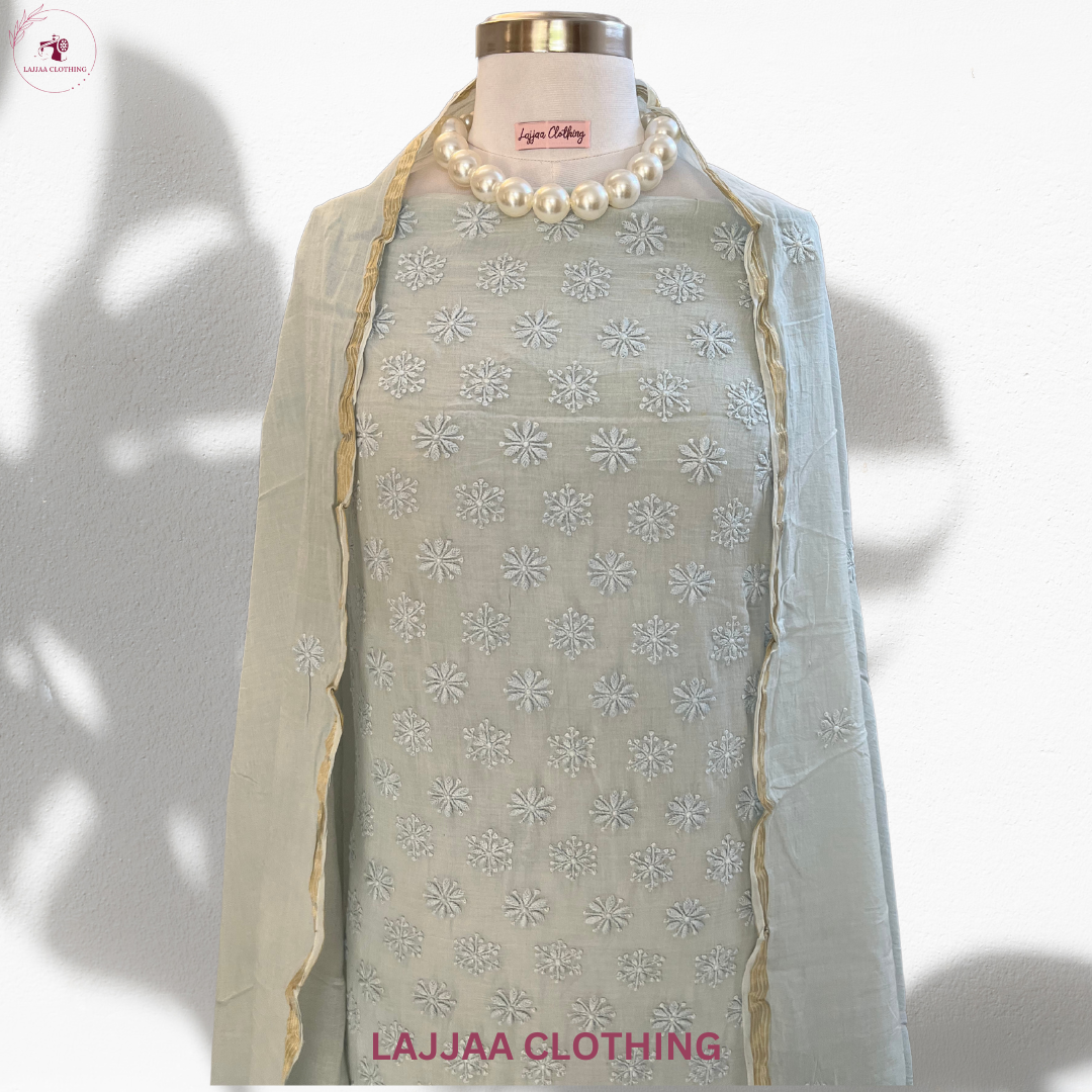 Ice Blue Mul Cotton Chikankari Suit Set