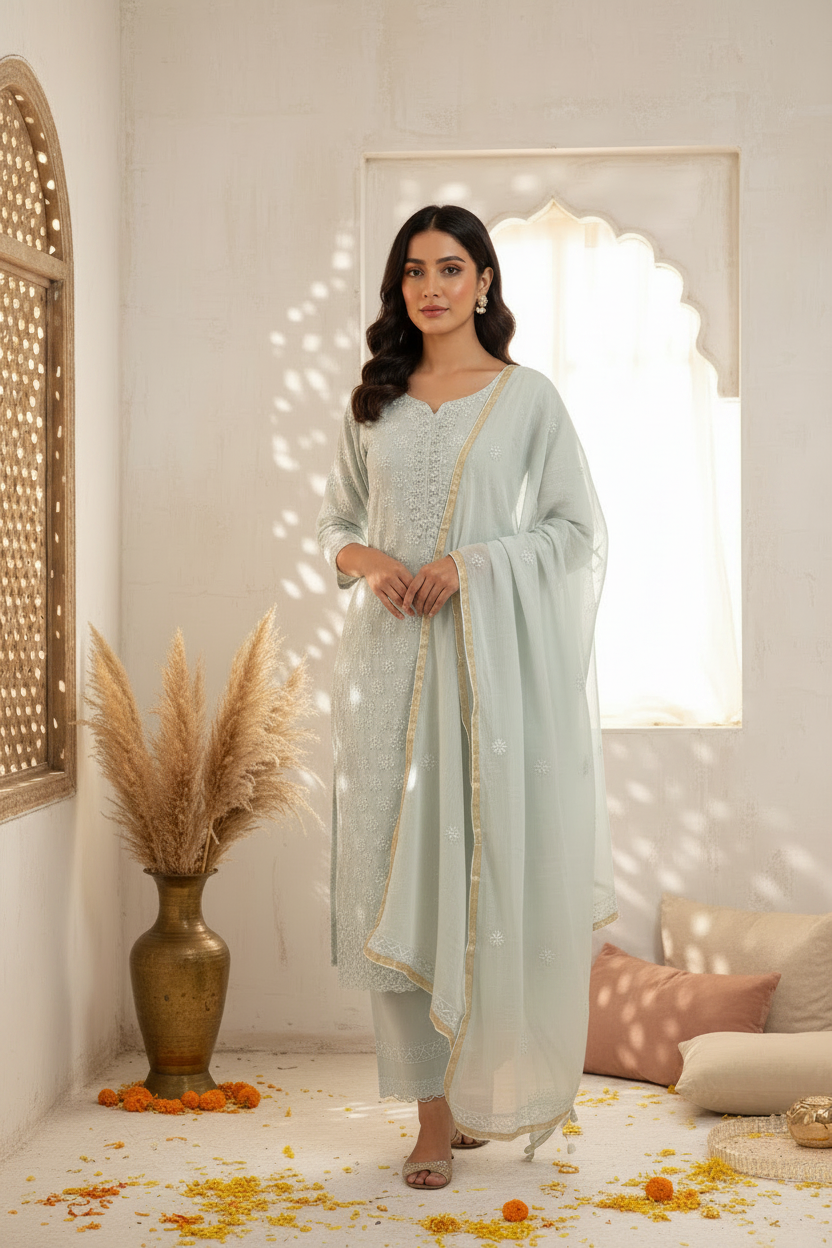 Ice Blue Mul Cotton Chikankari Suit Set