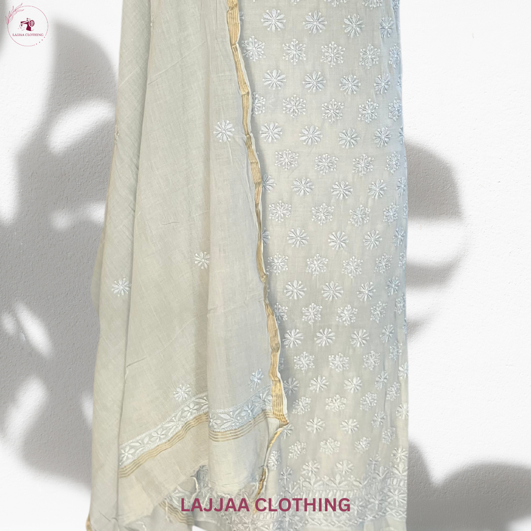 Ice Blue Mul Cotton Chikankari Suit Set