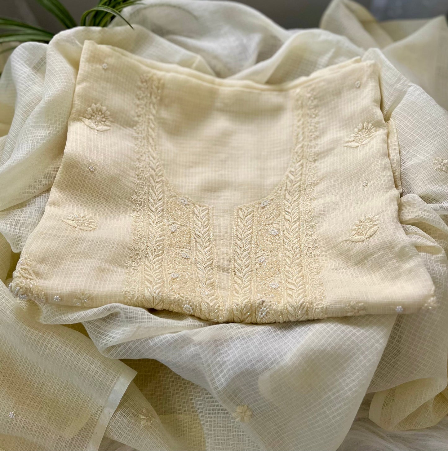 Pastel Yellow Kota Doriya Chikankari Suit Set