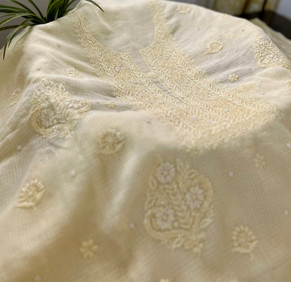 Pastel Yellow Kota Doriya Chikankari Suit Set