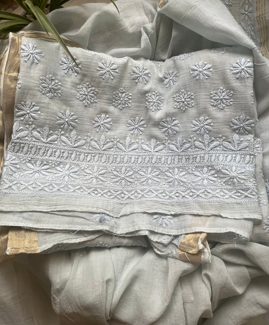 Ice Blue Mul Cotton Chikankari Suit Set