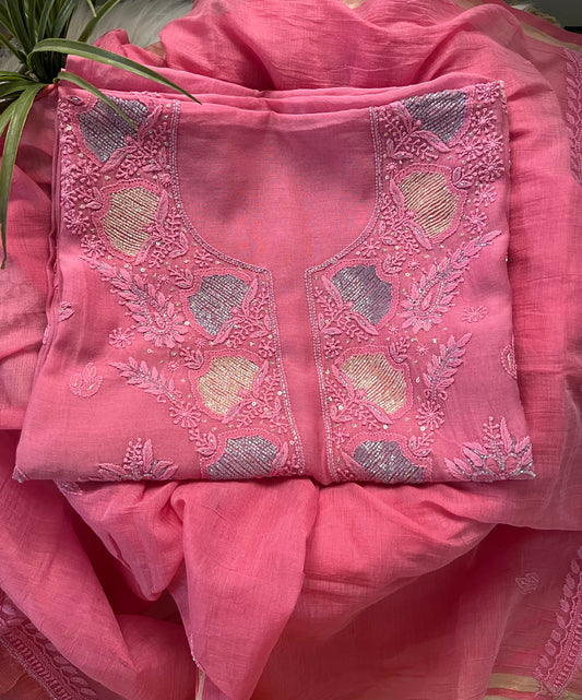 Pink Mul Chanderi Chikankari Suit Set