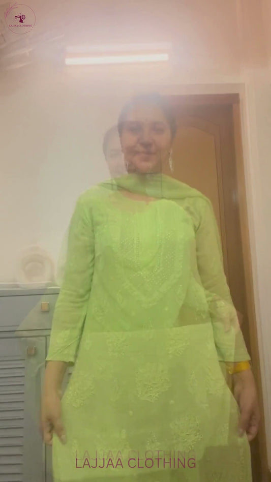 Green Viscose Chikankari Kurta Pant Set