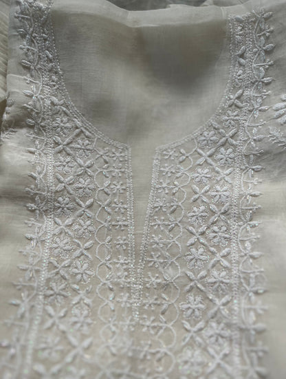 White Mul Chanderi Chikankari Suit Set