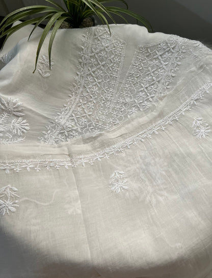 White Mul Chanderi Chikankari Suit Set