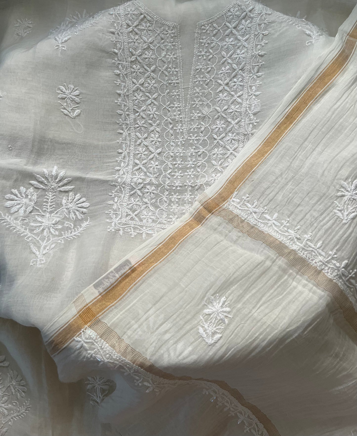 White Mul Chanderi Chikankari Suit Set