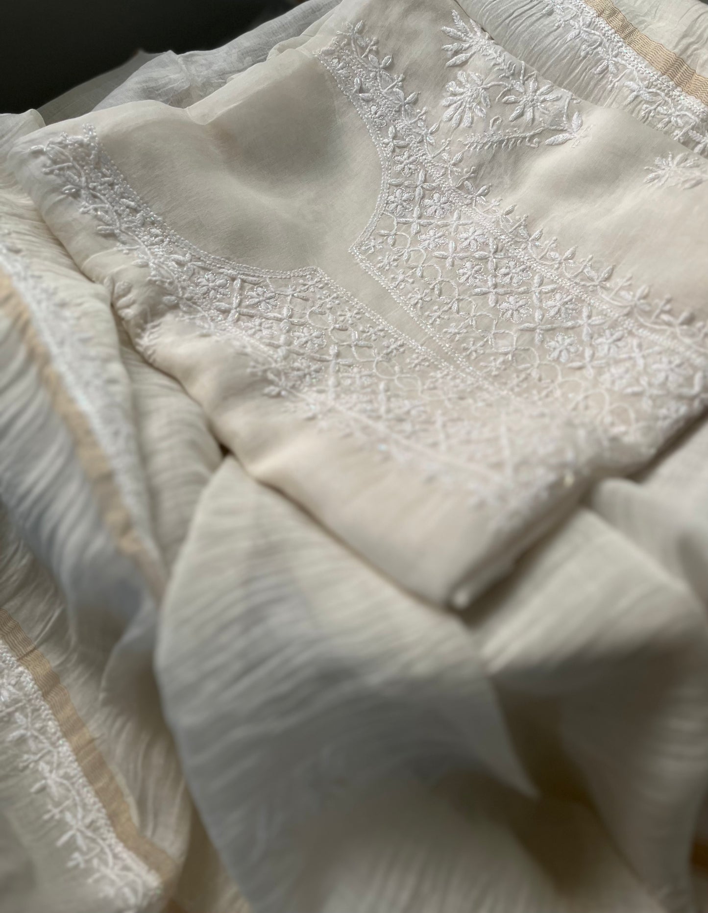 White Mul Chanderi Chikankari Suit Set